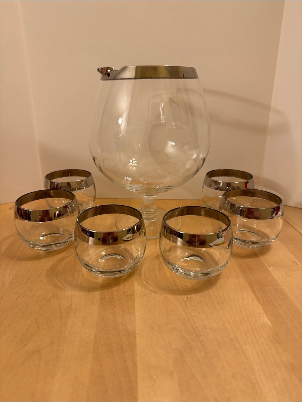 VTG MCM silver band glass cocktail pitcher & roly-poly glasses set